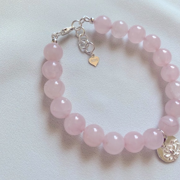 Rose Quartz Sterling Silver Lotus Medallion Charm Bracelet - Picture 2 of 5